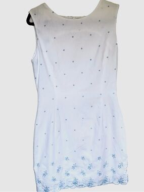 Vintage Finis White Embroidered Cotton Dress Semi-Fitted Cottagecore Lined Sz 8